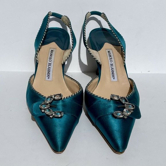 Manolo Blahnik Teal Satin Carolyne Jewel Pump Heel 100th Anniversary - Picture 2 of 8
